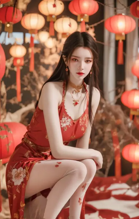 阿拉夫 身穿红裙的亚洲女人坐在床上，挂着红灯笼