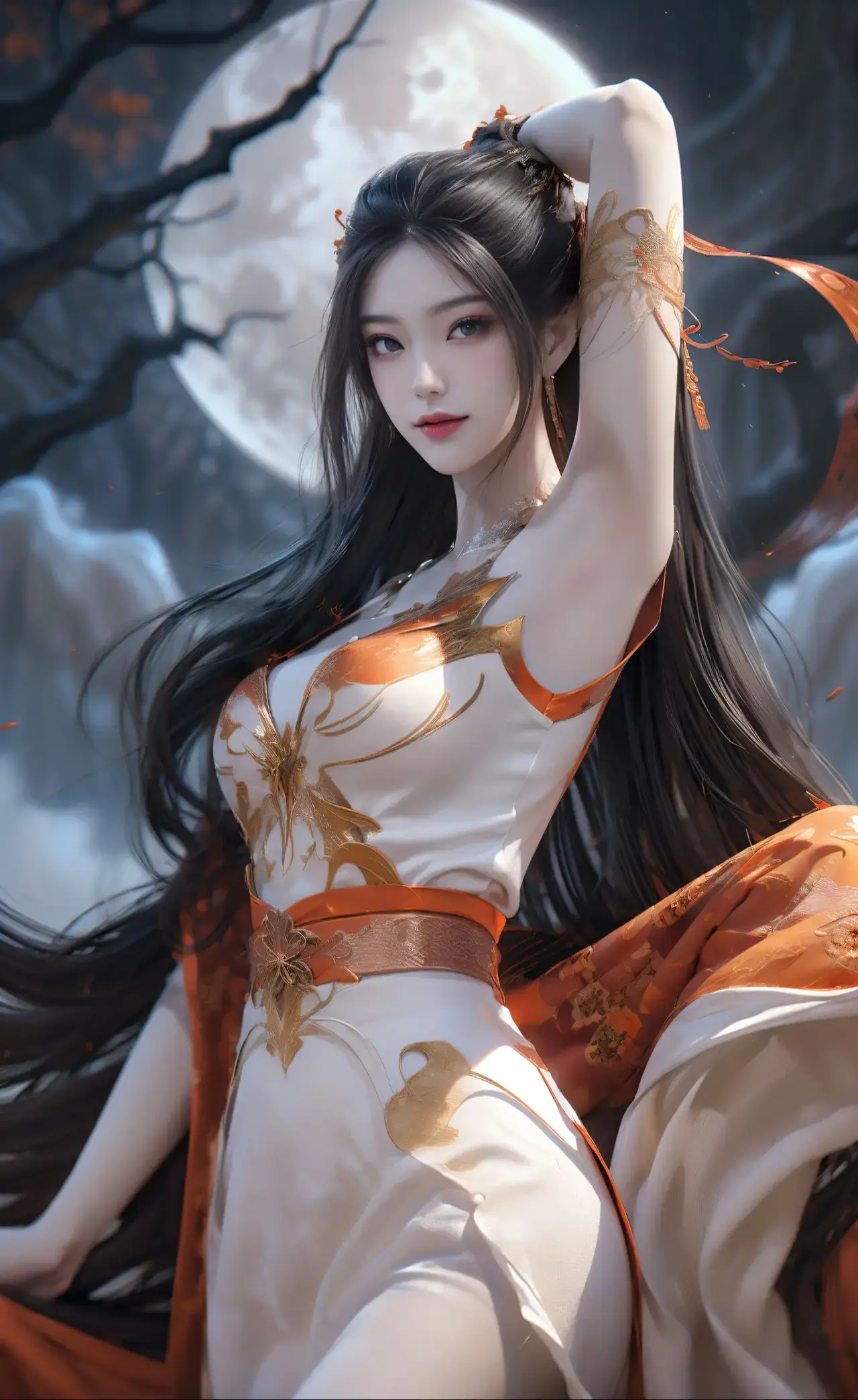 穿着白色长发和红色连衣裙的阿拉夫德女人