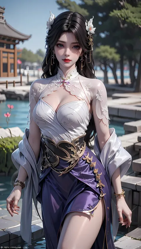 身穿白色连衣裙和紫色裙子的阿拉夫女子摆姿势拍照