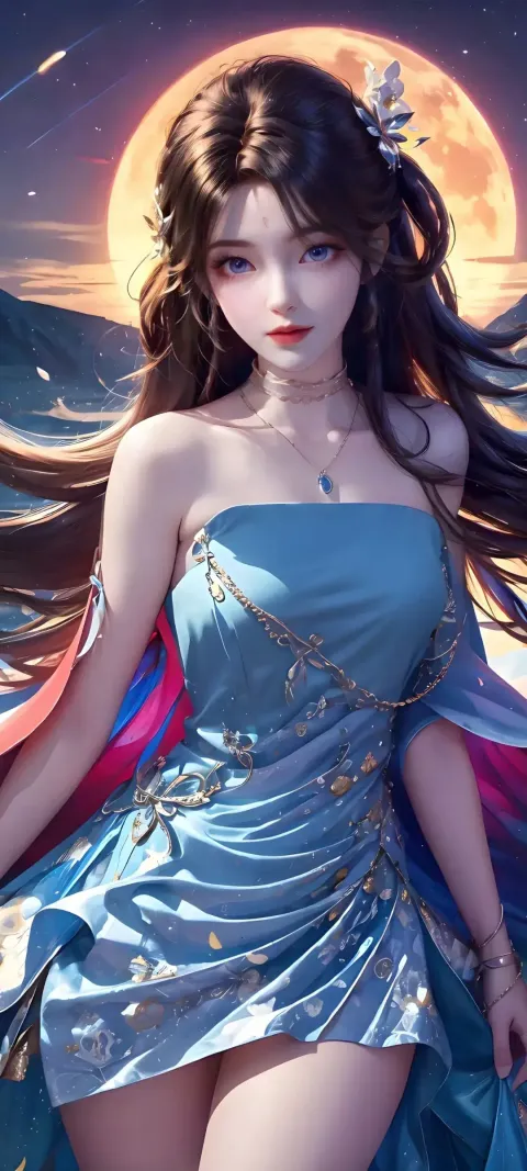一个身穿蓝色连衣裙的女人站在水里