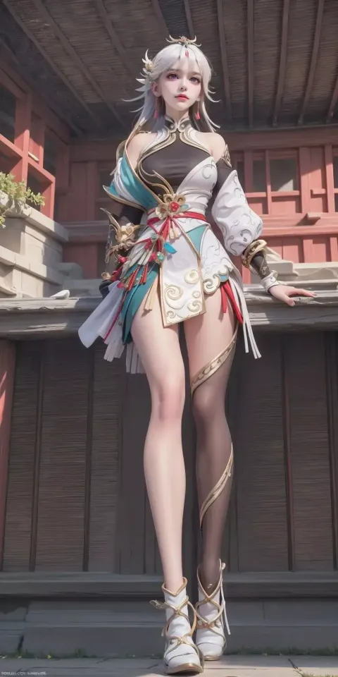 一个穿着戏服的女人拿着剑站在壁架上