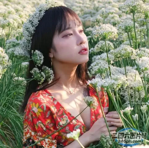 花田里的 araffe 女人，戴着花冠
