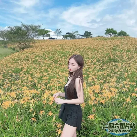 身穿黑色连衣裙的阿拉夫德女人站在一片黄色的花田中