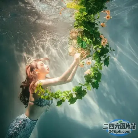 身穿蓝色连衣裙的美人鱼在水中举着一株绿色植物