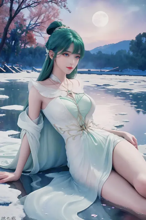 身穿白裙的动漫女孩坐在湖边的岩石上