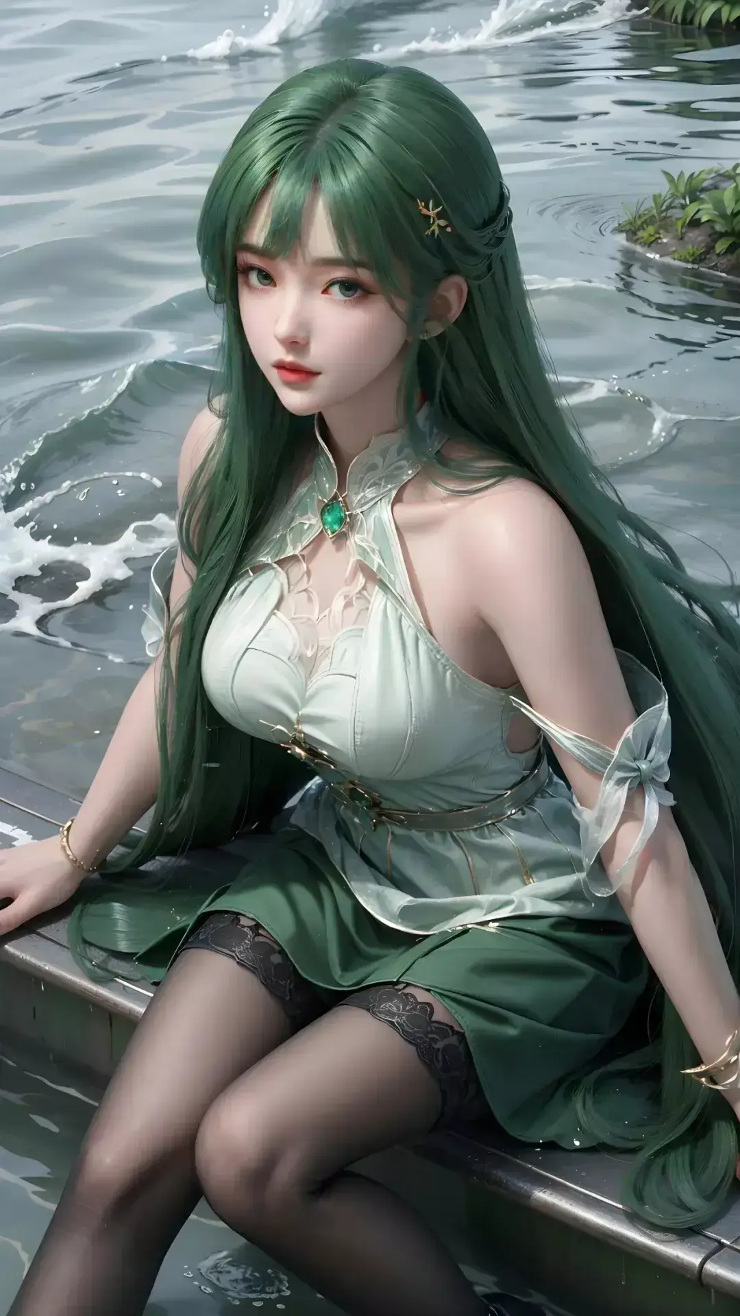 绿头发的阿拉夫女人坐在水边的码头上