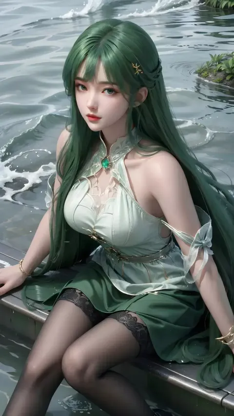 绿头发的阿拉夫女人坐在水边的码头上
