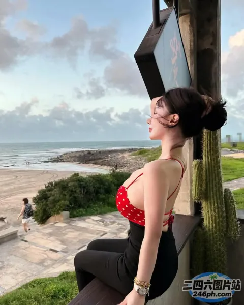 身穿红色波点上衣的女士坐在长凳上望向海滩