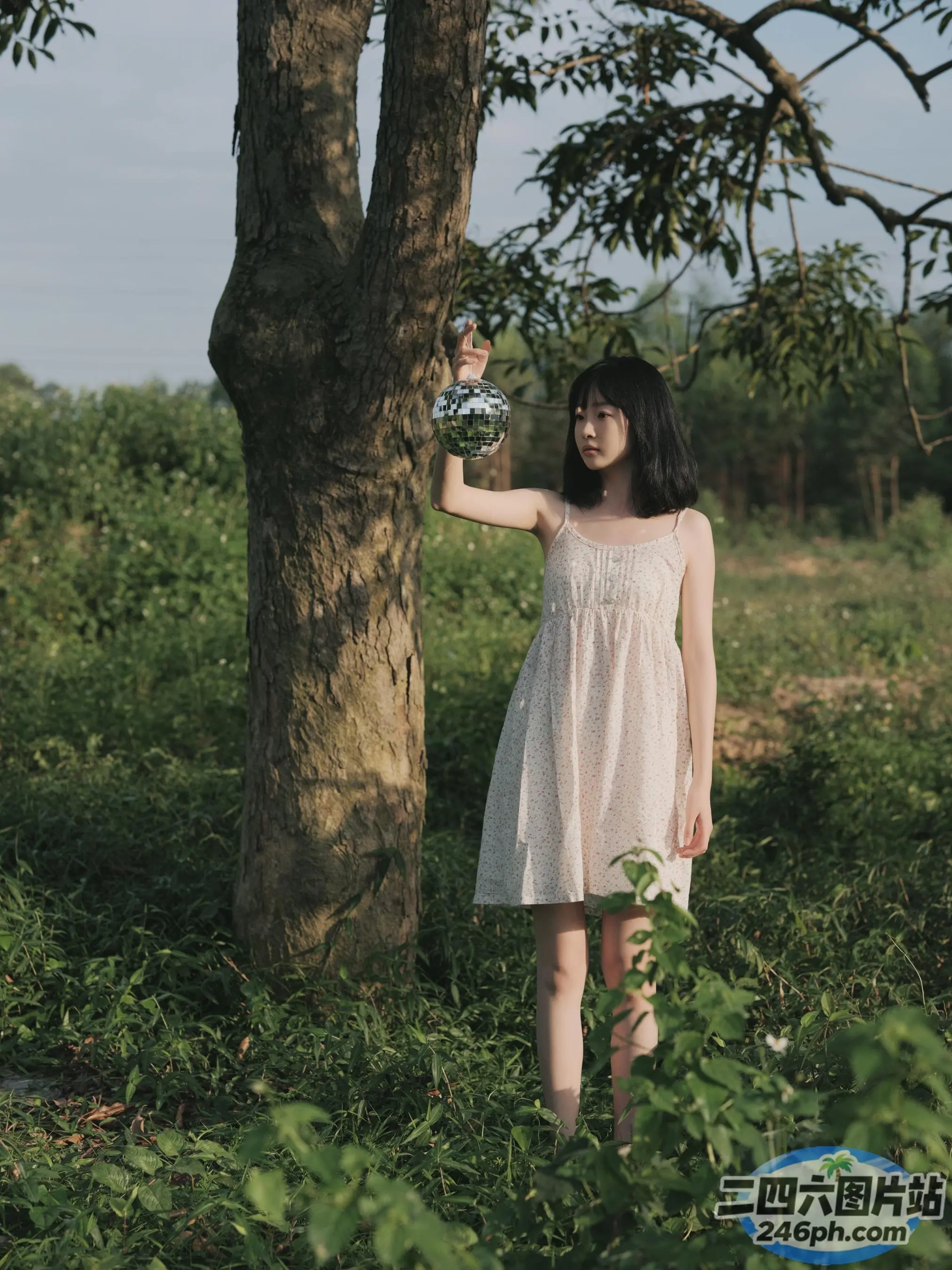 站在树旁的白裙子的阿拉菲女子