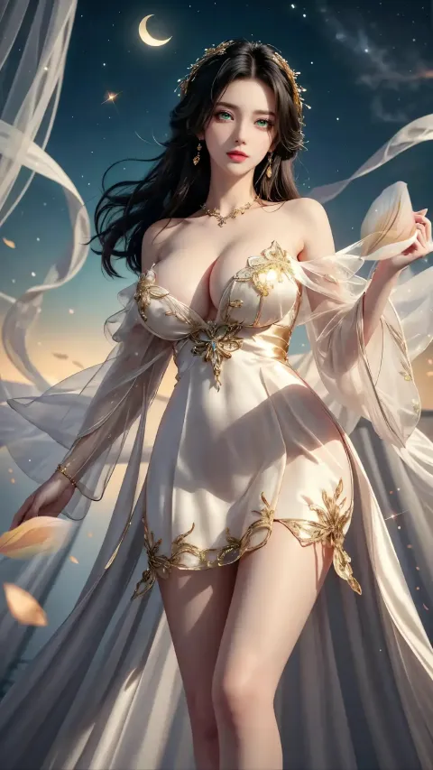 一个身穿白裙的女人站在天空中