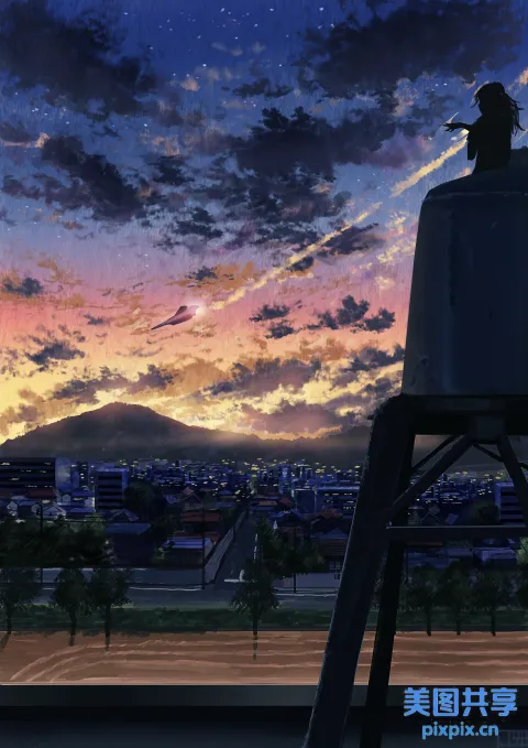 女人坐在塔上仰望天空的动漫场景