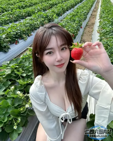 穿着白衬衫的 Araffe 女孩在田野里拿着草莓