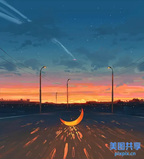 路上有一幅新月的卡通图片