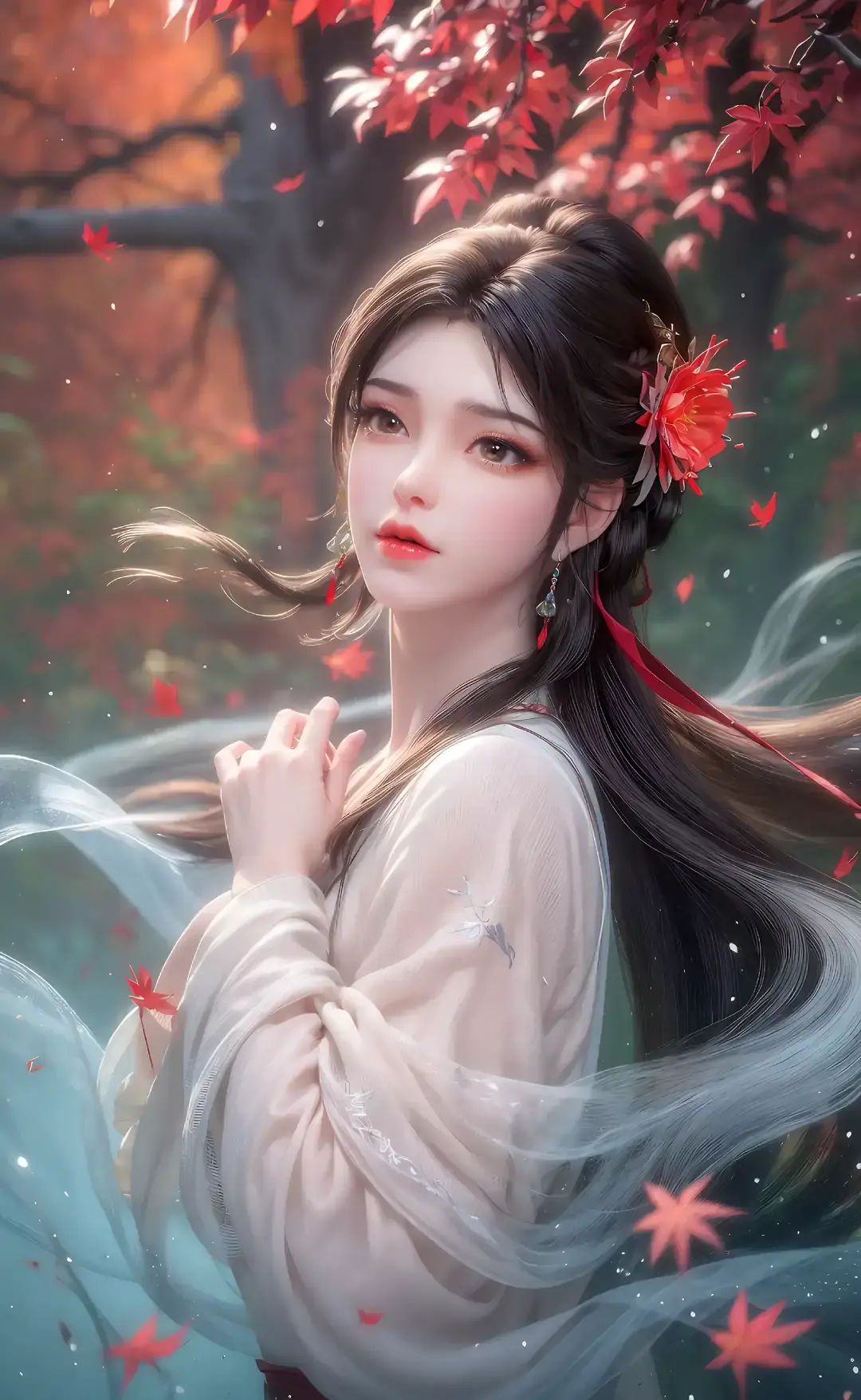 一个留着长发，头发上插着一朵红花的女人
