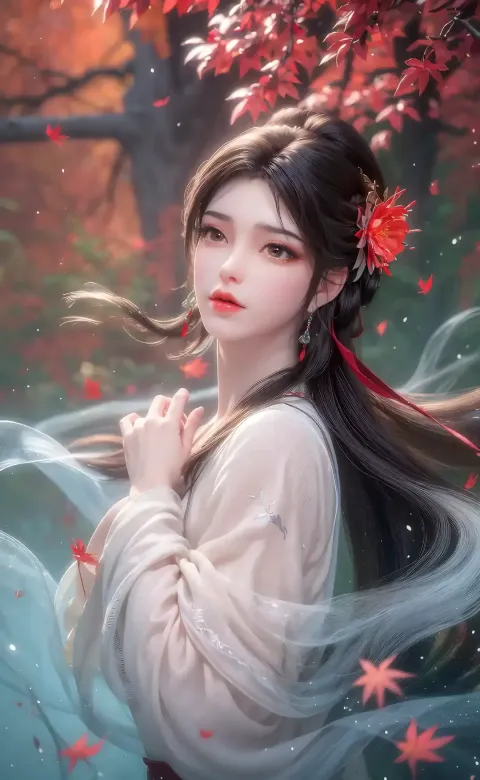 一个留着长发，头发上插着一朵红花的女人