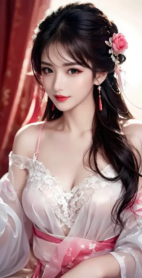 一个穿着白色连衣裙的女人，头发上插着一朵粉红色的花