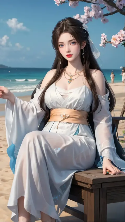 身穿白色连衣裙的阿拉夫女人坐在海滩上的长椅上
