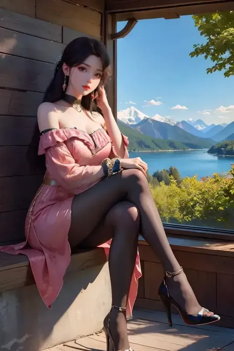 坐在窗台上看湖景的女人