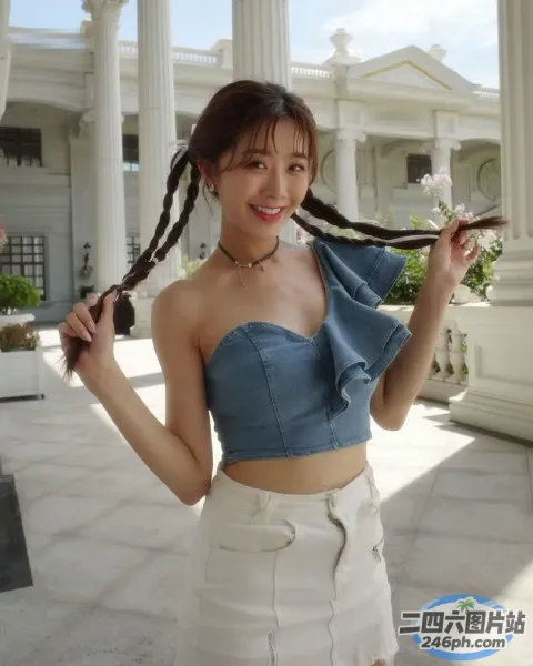 一位长发女子站在一栋白色建筑前