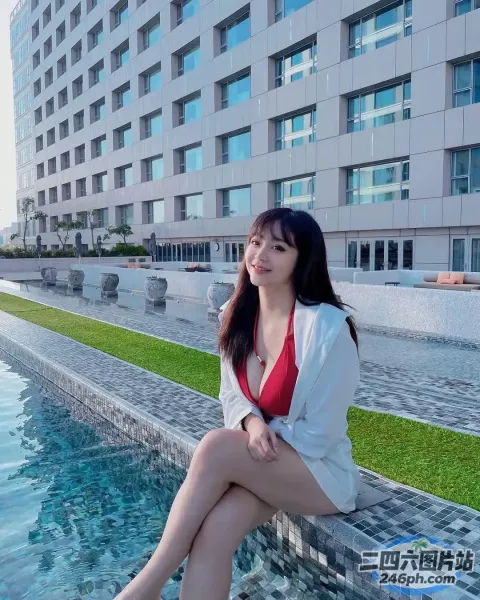 坐在泳池边壁架上的阿拉菲女人