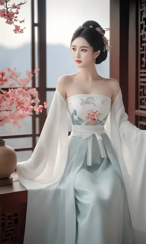 身穿白色连衣裙和蓝色裙子的阿拉夫女人摆姿势拍照