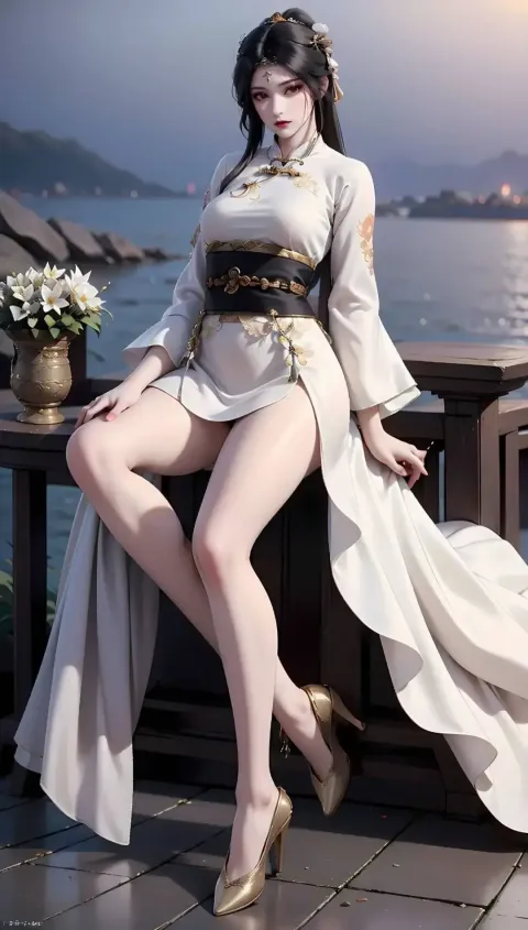 阿拉夫 身穿白色连衣裙的亚洲女人坐在壁架上