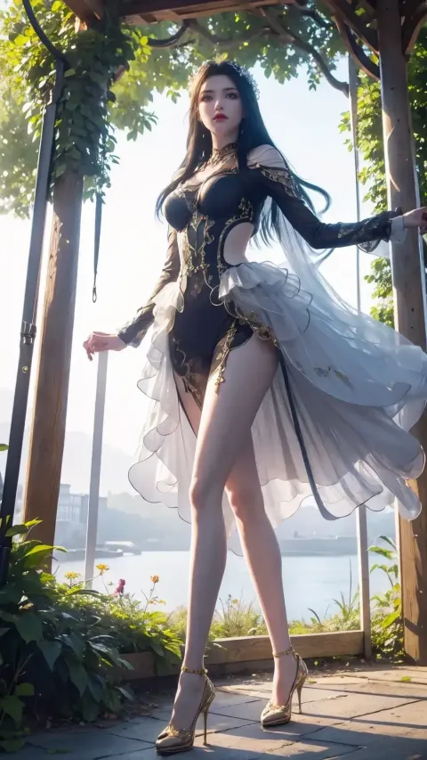 身穿黑白紧身胸衣的女子摆姿势拍照