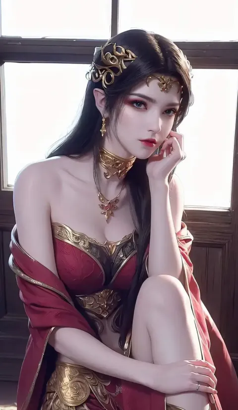 一个身穿红色连衣裙、戴着金色头饰的女人的特写