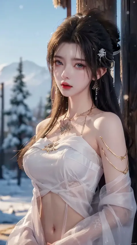 身穿白色连衣裙的女子在雪地里摆姿势拍照