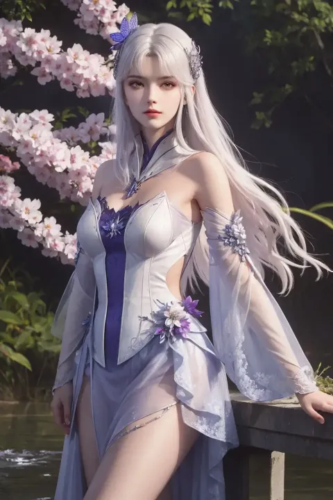 一个穿着裙子的女人站在水体附近的特写