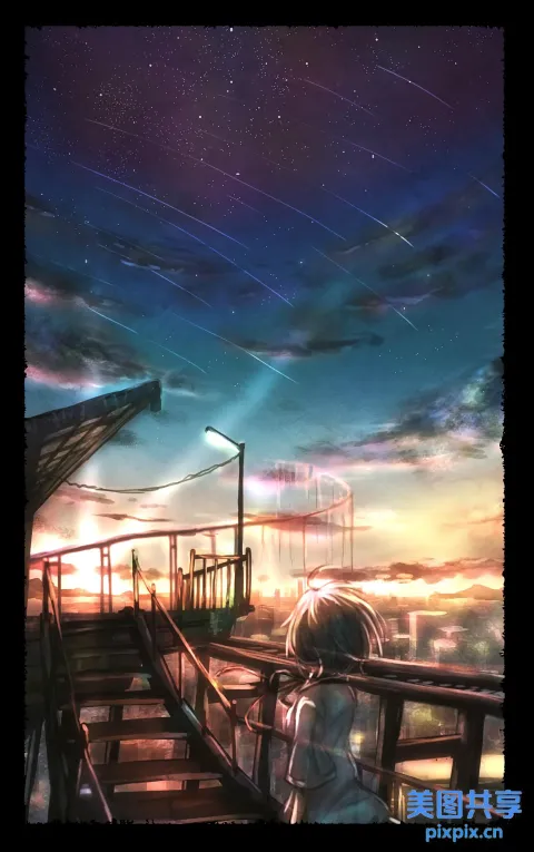 动漫女孩看着天上的星星