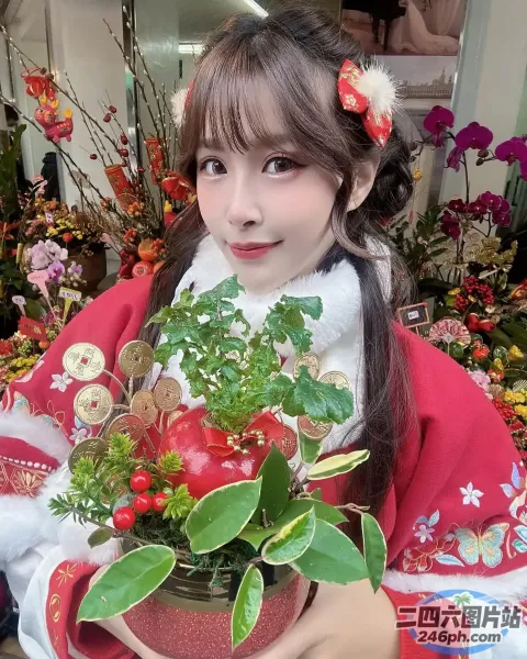 有一个女人拿着一个花盆，里面有一棵植物