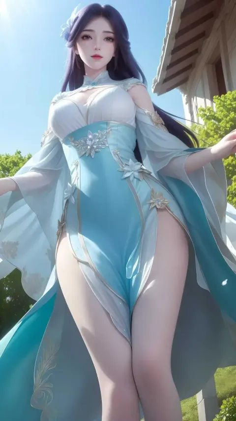 一身蓝色连衣裙的女子在屋前摆姿势