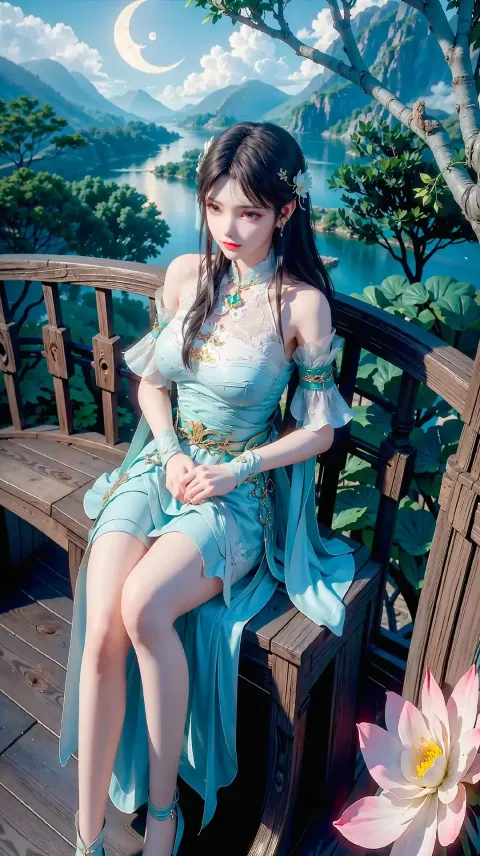 阿拉夫德女人坐在长凳上，穿着蓝色连衣裙，戴着一朵花