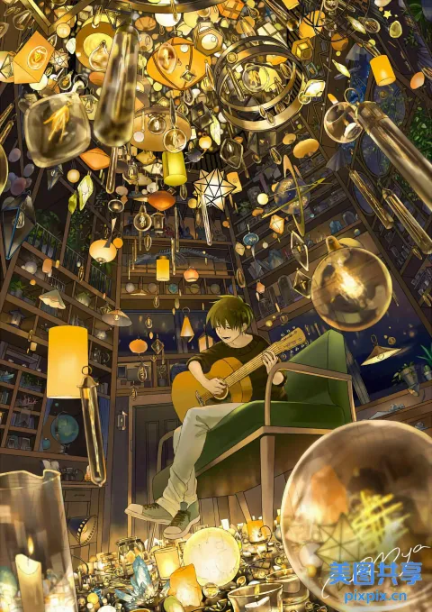 一个女人在一个有很多物品的房间里的动漫场景