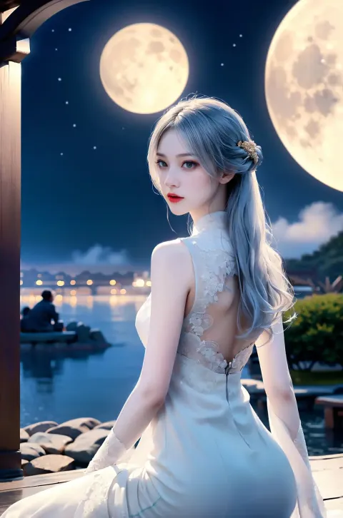 有一个女人坐在码头上，背景是满月