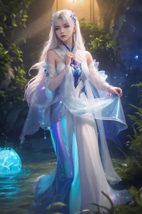 一个身穿白色连衣裙的女人站在蓝色光芒的河里
