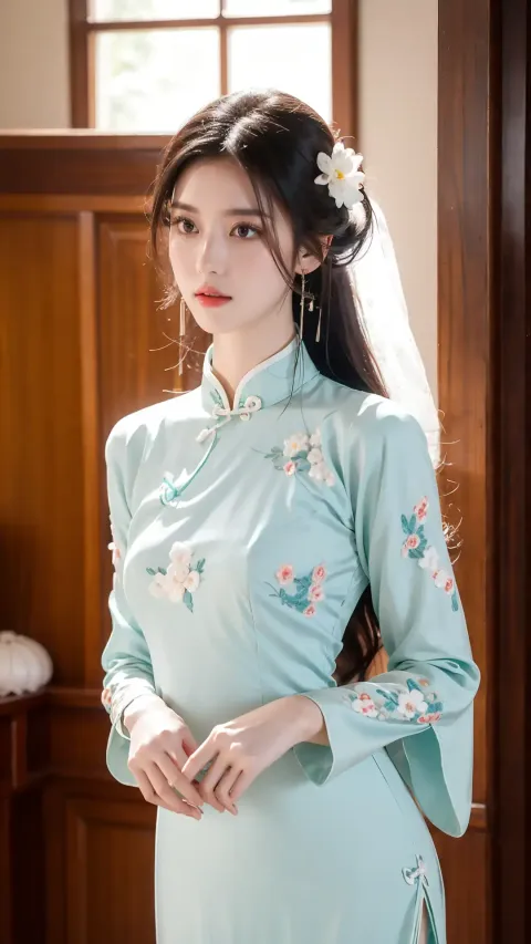 身穿蓝色连衣裙的阿拉夫德女人摆姿势拍照