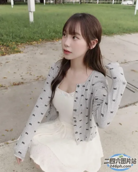 身穿白色连衣裙和灰色开衫的 arafed 亚洲女性