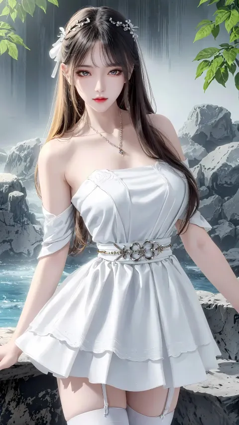 一个穿着白色连衣裙摆姿势拍照的女人的特写