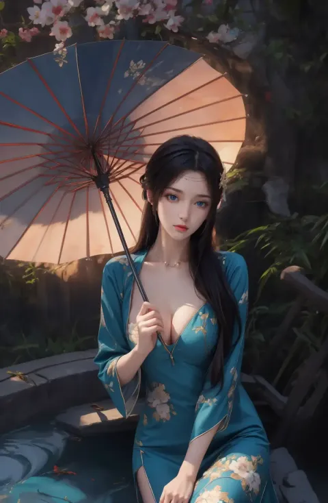 身穿蓝色连衣裙的亚洲女人坐在长椅上撑着伞