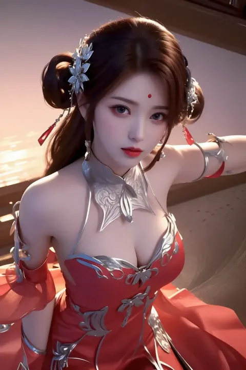 一个身穿红色连衣裙的女人摆姿势拍照的特写