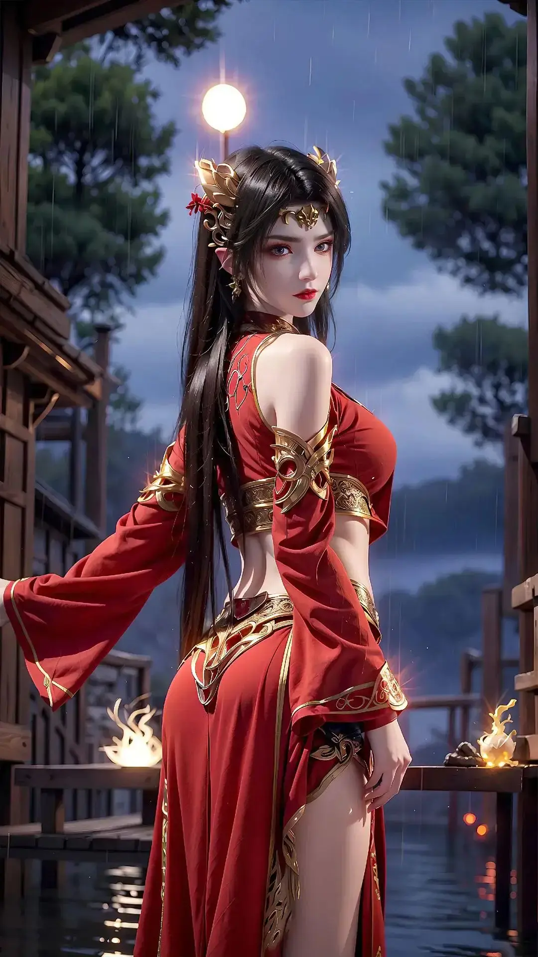 身穿红裙的阿拉菲德女人站在雨中