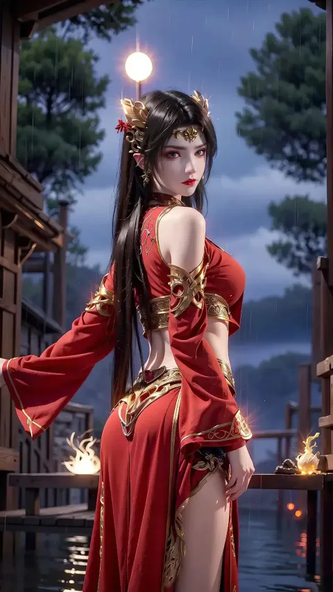 身穿红裙的阿拉菲德女人站在雨中