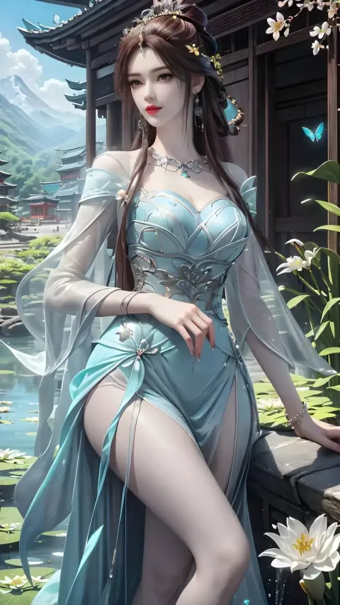 池塘附近一个穿着蓝色连衣裙的女人的特写
