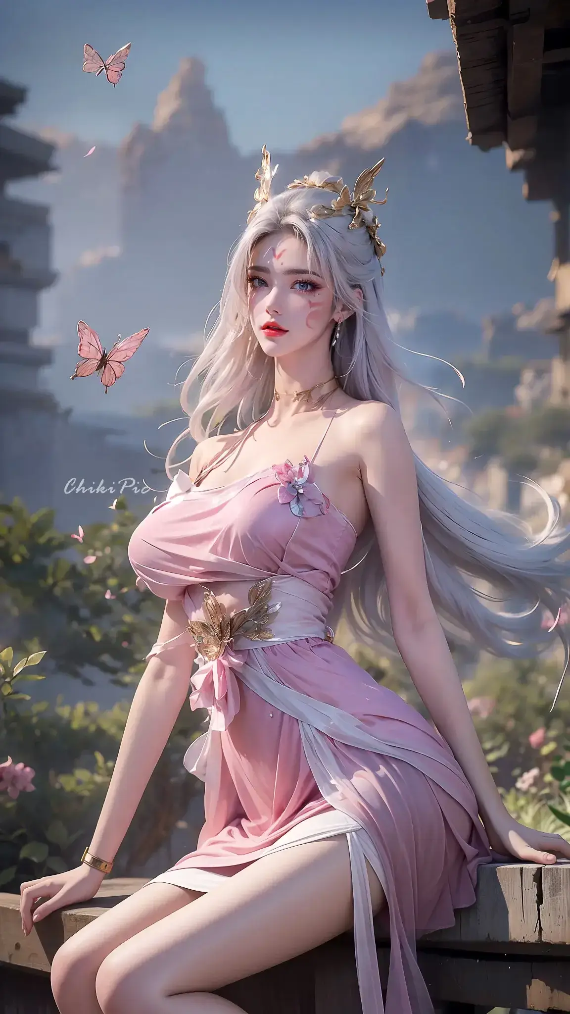 一个穿着粉红色连衣裙的女人坐在长凳上的特写