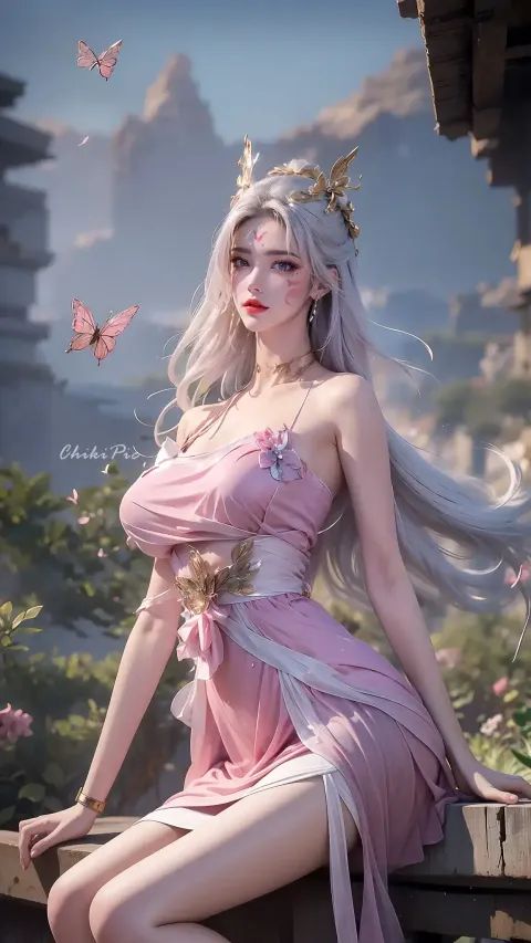 一个穿着粉红色连衣裙的女人坐在长凳上的特写
