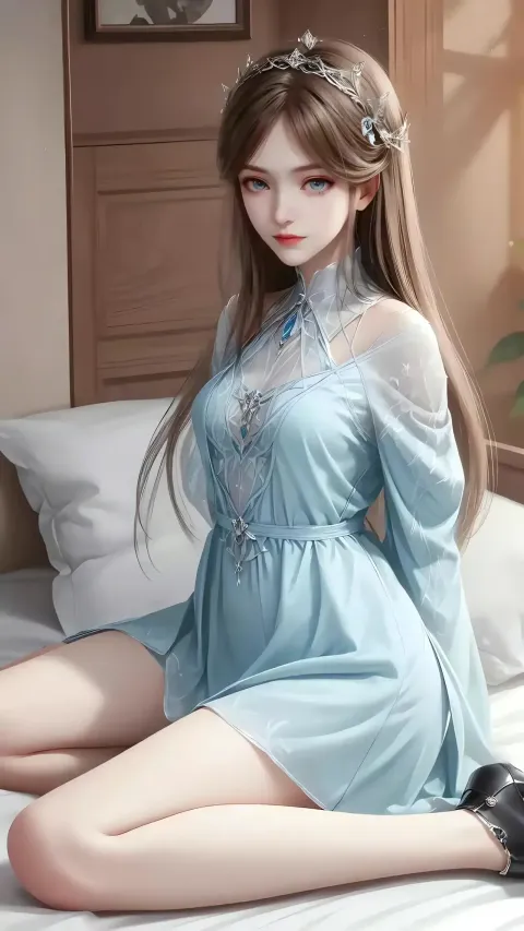 一个穿着蓝色连衣裙坐在床上的女人的特写