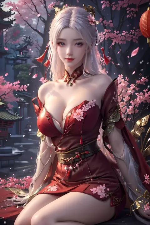 一个穿着红色连衣裙的女人坐在树前的长椅上