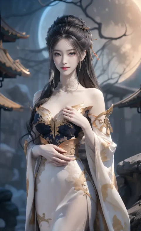 一个穿着裙子的女人的特写，背景是满月